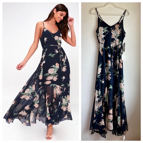 NWT Lulus Feeling Freesia Navy Blue Floral Print Strappy V-Neck Maxi Dress S - Picture 1 of 16